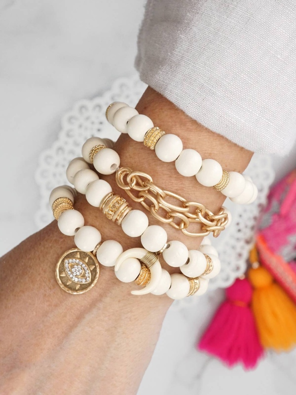 Beaded Boho Bracelets set of 4 Gold Coin Cream wood beads